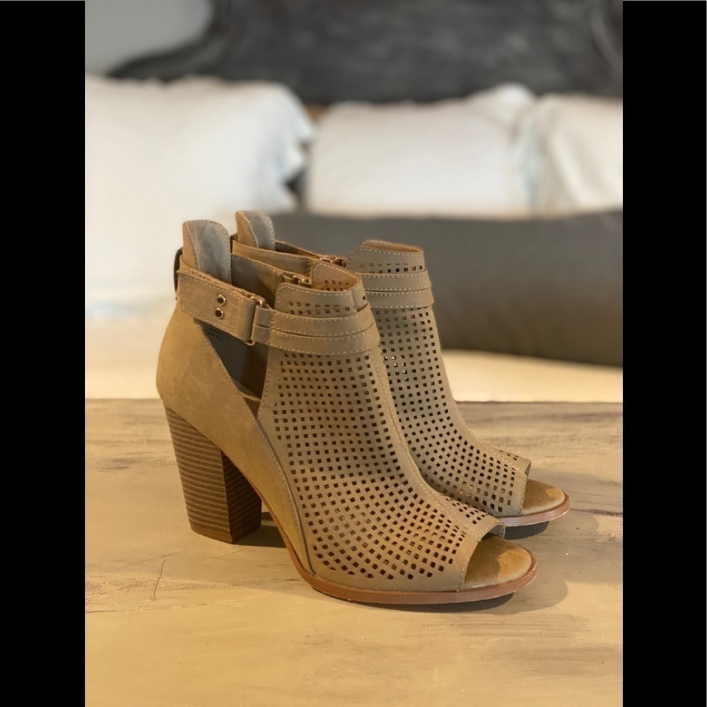 RESTRICTED FAUX TAN SUEDE LASER CUT PEEP TOE BOOTIE